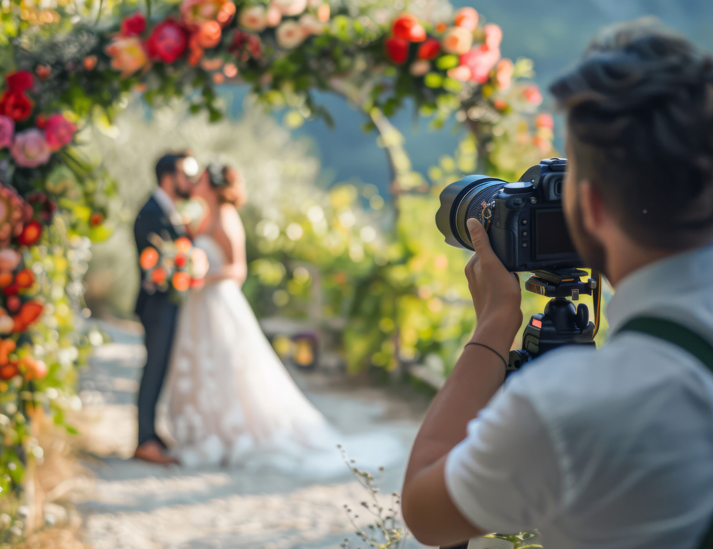 Wedding photographer capturing romantic moments of the couple during their wedding.